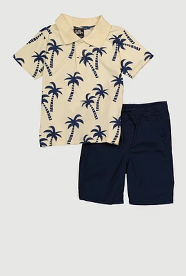 Little Boys Palm Tree Print Polo Shirt and Shorts, Blue, Size 4