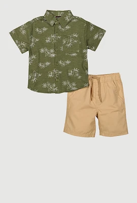 Little Boys Marled Flower Print Shirt and Shorts, Green, Size 7