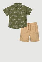 Little Boys Marled Flower Print Shirt and Shorts, Green, Size 7