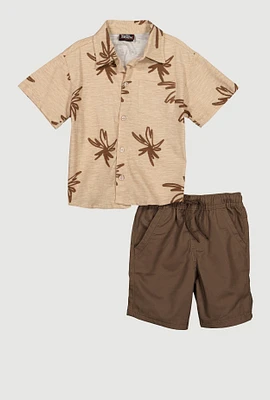Little Boys Marled Palm Tree Print Shirt and Shorts, Brown, Size 4