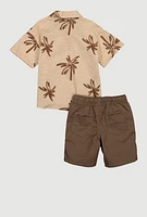 Little Boys Marled Palm Tree Print Shirt and Shorts, Brown, Size 4