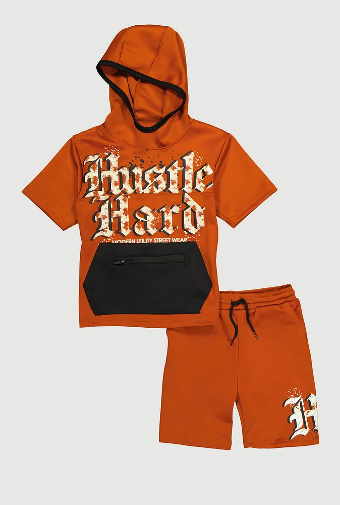 Little Boys Hustle Hard Hooded Tee and Shorts, Brown, Size 4