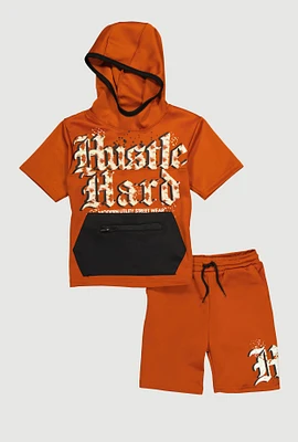 Little Boys Hustle Hard Hooded Tee and Shorts, Brown, Size 4