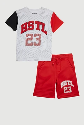 Little Boys Chenille HSTL 23 Graphic Tee and Sweatshorts, Red, Size 7