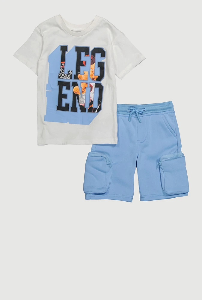 Little Boys Stylish Legend Graphic Tee and Cargo Shorts Set, Blue, Size 5