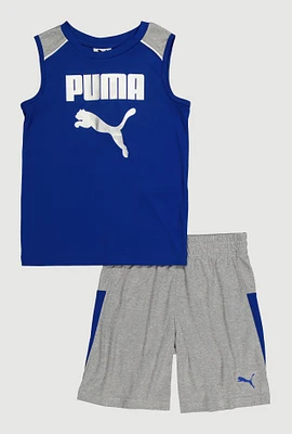 Little Boys Puma Color Blocked Tank Top and Shorts, Blue, Size 5