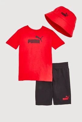 Little Boys Puma Graphic Print Tee and Shorts with Bucket Hat, Red, Size 5