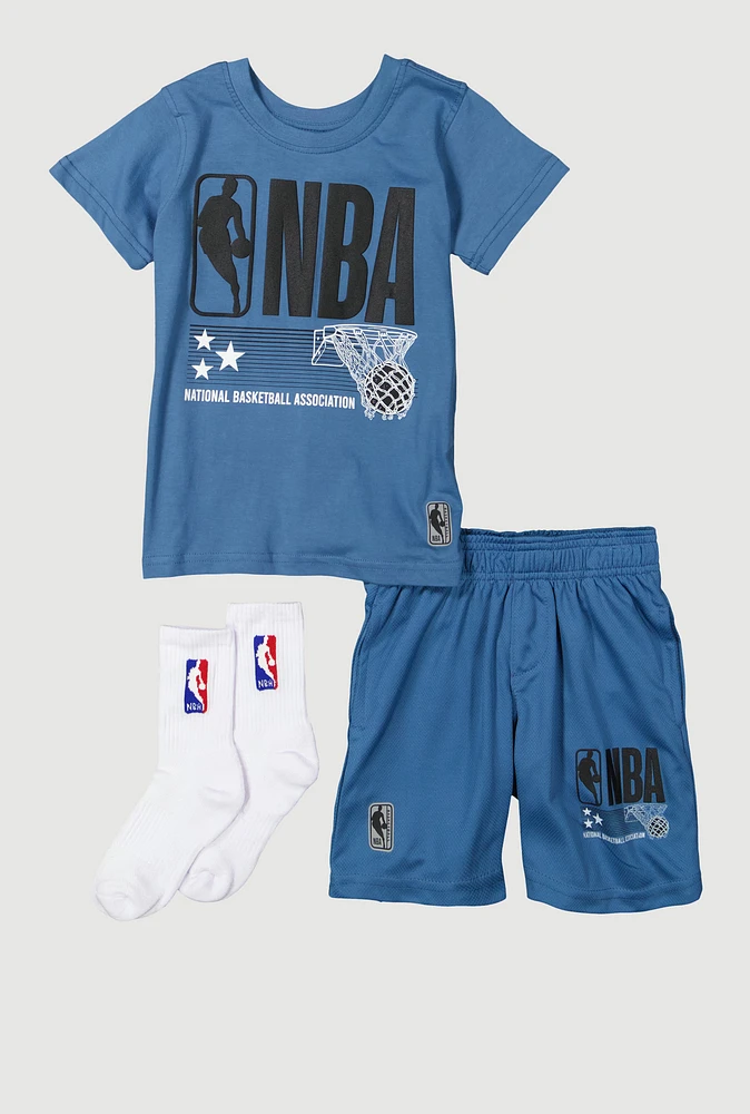 Little Boys NBA Basketball Logo Tee and Shorts with Socks, Blue, Size 4