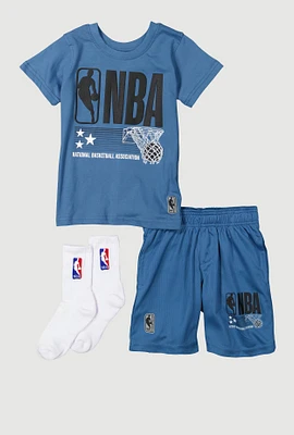 Little Boys NBA Basketball Logo Tee and Shorts with Socks, Blue, Size 4