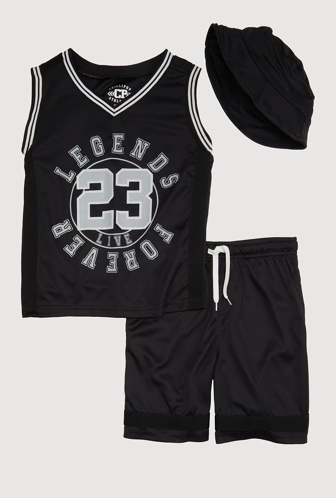 Boys Legends Live Forever Jersey and Shorts with Hat, Black, Size 14-16