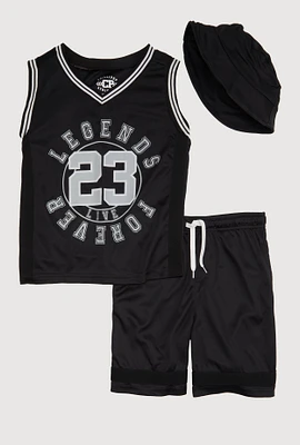 Boys Legends Live Forever Jersey and Shorts with Hat, Black, Size 14-16