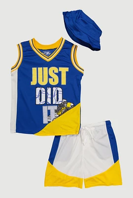 Boys Stylish Color Block Basketball Jersey and Shorts Set with Hat, Multi, Size 10-12