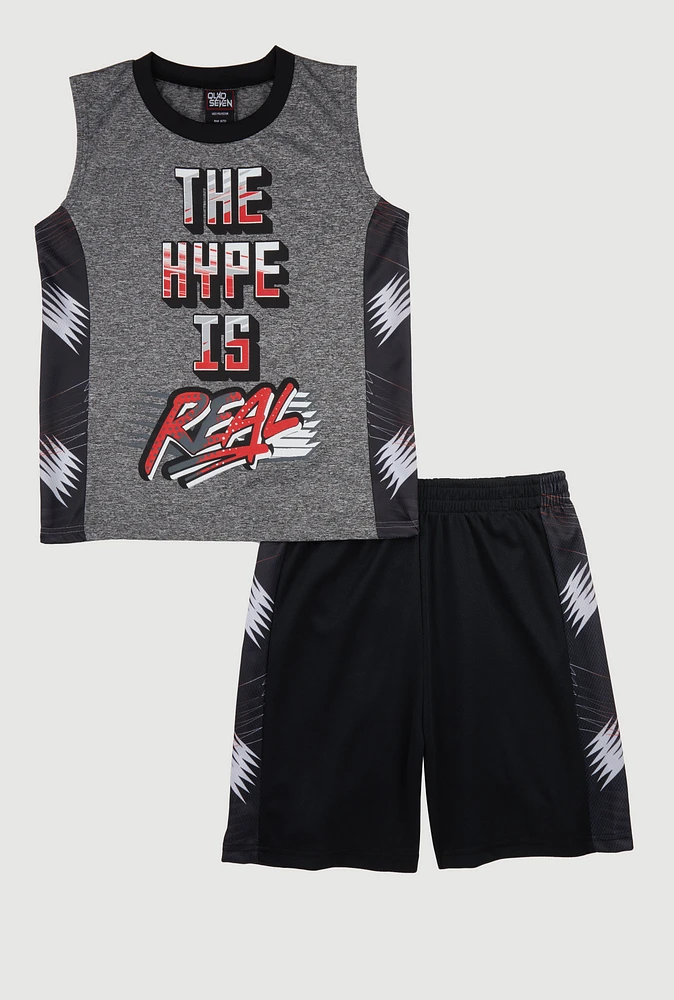 Boys The Hype Is Real Graphic Tee and Jersey Mesh Shorts, Grey, Size 8-10