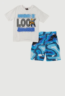 Boys Never Look Back Graphic Tee and Mesh Shorts, Blue, Size 8-10