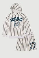 Boys Striped Iconic Graphic Hooded Sweatshirt and Sweatshorts, White, Size 12-14