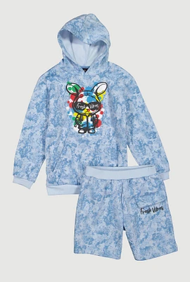 Boys Marble Print Fresh Vibes Hoodie and Sweatshorts, Blue, Size 16-18