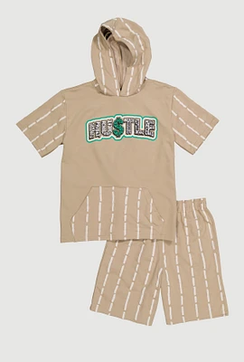 Boys Hustle Graphic Hoodie and Shorts, Beige, Size 16-18