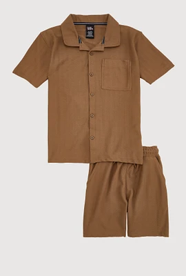 Boys Herringbone Button Front Shirt and Shorts, Brown,