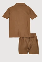 Boys Herringbone Button Front Shirt and Shorts, Brown,