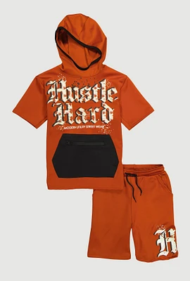 Boys Hustle Hard Hooded Tee and Shorts, Orange, Size 16-18