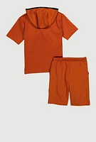 Boys Hustle Hard Hooded Tee and Shorts, Orange, Size 16-18