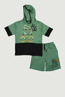 Boys Color Block Bear Graphic Tee and Shorts, Green, Size 12-14