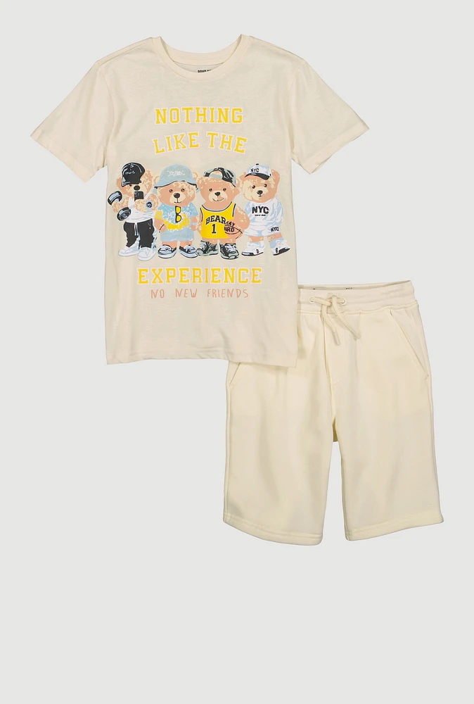 Boys Experience Teddy Bear Graphic Tee and Sweatshorts, Beige, Size 14
