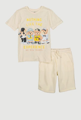 Boys Experience Teddy Bear Graphic Tee and Sweatshorts, Beige, Size 14