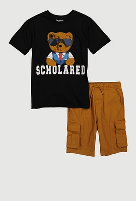 Boys Chenille Scholared Teddy Tee and Cargo Shorts, Multi,