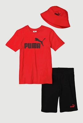 Boys Puma Tee and Shorts with Bucket Hat, Red, Size 14-16