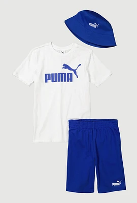 Boys Puma T Shirt and Shorts with Bucket Hat, Blue, Size S