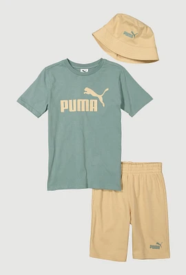 Boys Puma Logo Tee and Shorts with Bucket Hat, Green,