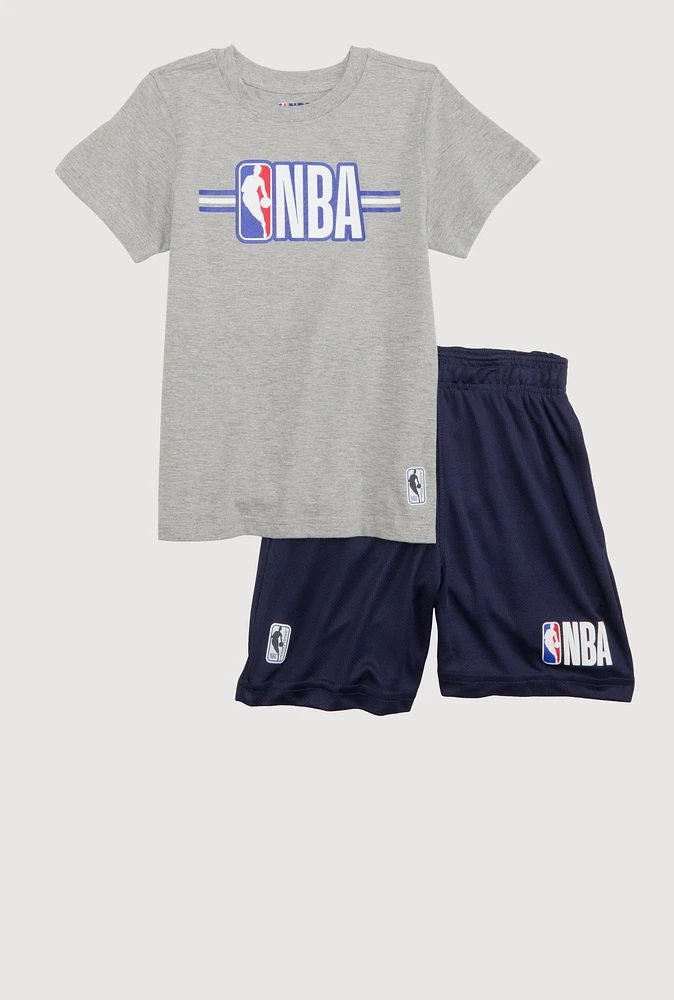 Boys NBA Logo Marled Graphic Tee and Shorts, Grey, Size 10-12