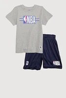 Boys NBA Logo Marled Graphic Tee and Shorts, Grey, Size 10-12