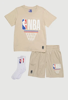 Boys NBA Graphic Tee and Shorts with Socks, Beige, Size 14-16