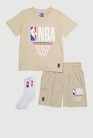 Boys NBA Graphic Tee and Shorts with Socks, Beige, Size 14-16