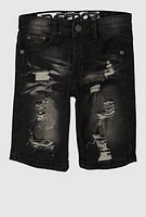 Little Boys Patch and Repair Denim Shorts, Black, Size 5