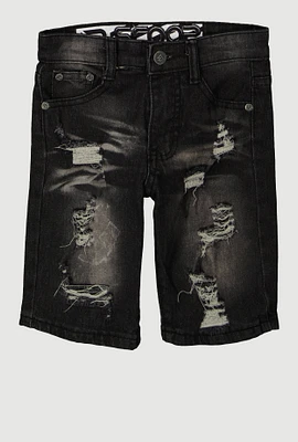 Little Boys Patch and Repair Denim Shorts, Black, Size 6
