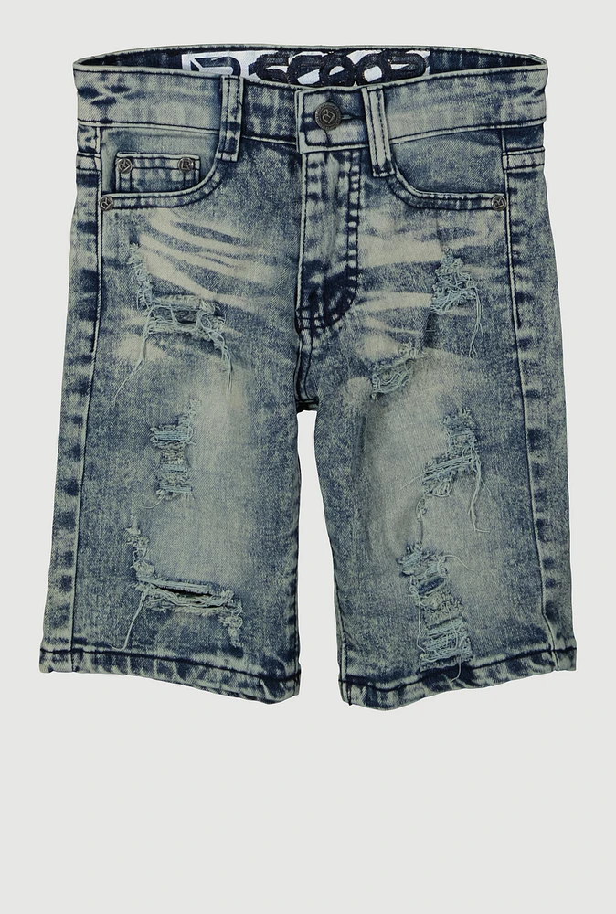 Little Boys Mineral Wash Patch and Repair Denim Shorts, Blue, Size 4