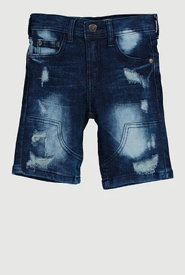 Little Boys Distressed Whiskered Denim Shorts, Blue, Size 6