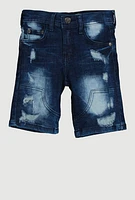 Little Boys Distressed Whiskered Denim Shorts, Blue, Size 7