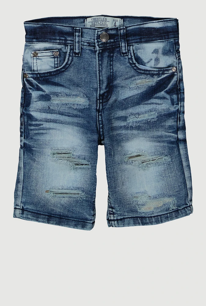 Little Boys Denim Whiskered Distressed Shorts, Blue, Size 5