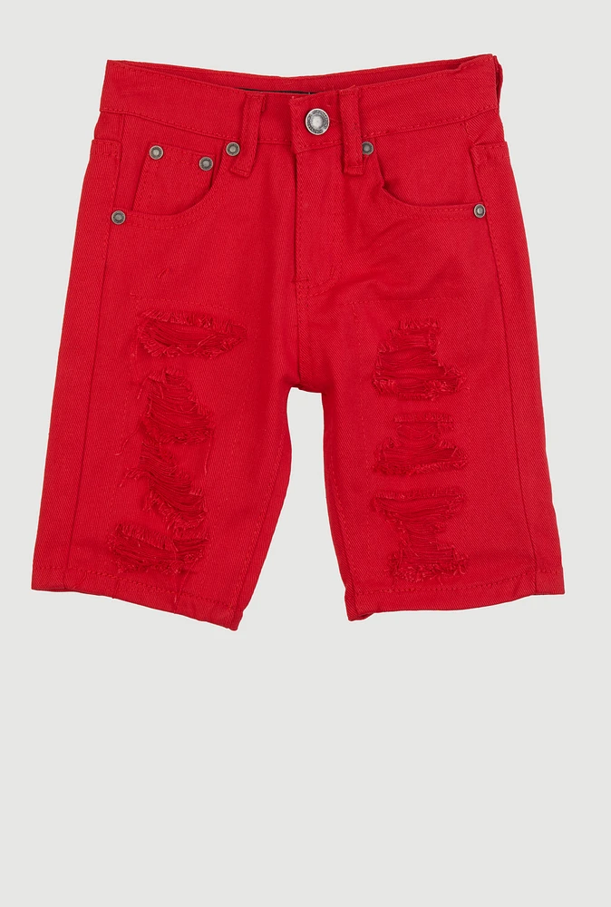 Little Boys Distressed Patch and Repair Shorts, Red, Size 6