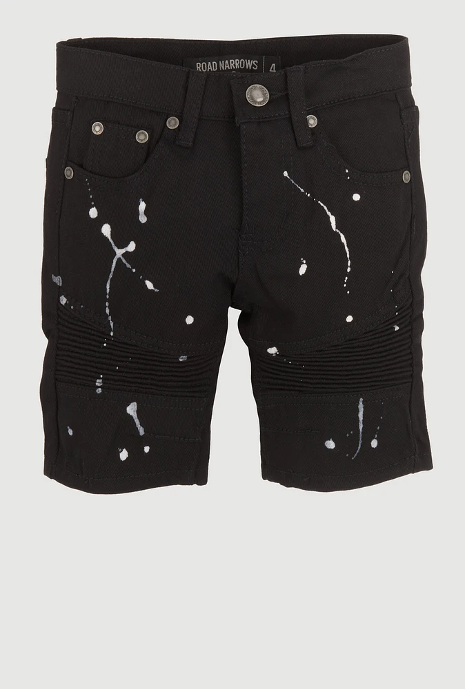 Little Boys Denim Paint Splatter Moto Shorts, Black,