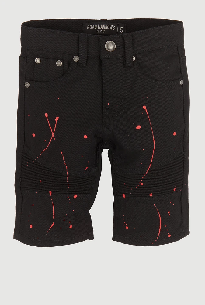 Little Boys Paint Splatter Moto Denim Shorts, Black, Size 7