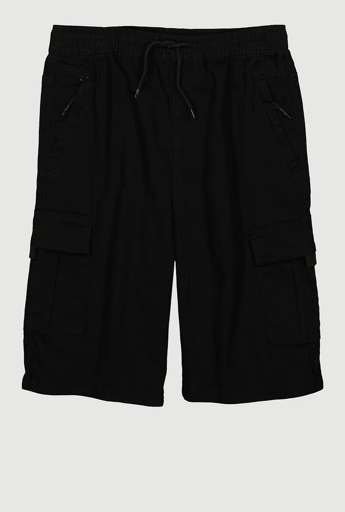 Boys Drawstring Waist Cargo Pocket Shorts, Black, Size 14
