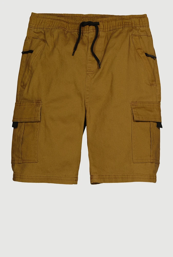 Boys Drawstring Waist Cargo Pocket Shorts, Brown, Size 8