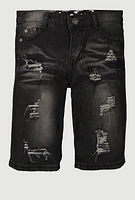 Boys Frayed Whiskered Distressed Shorts, Black, Size 10