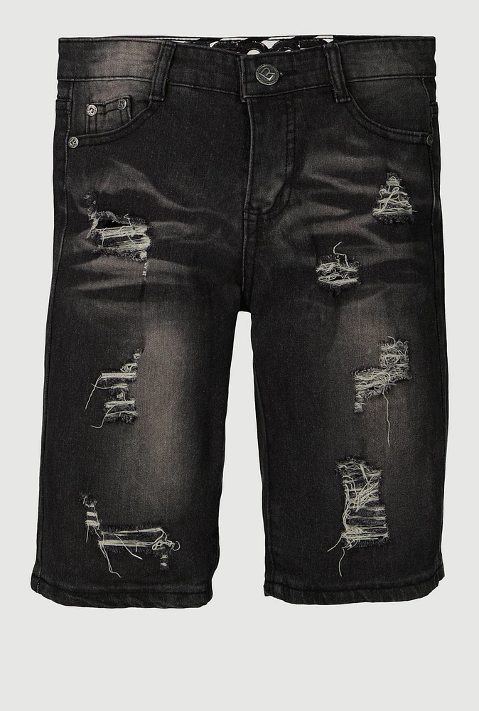 Boys Frayed Whiskered Distressed Shorts, Black,