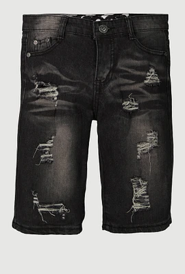 Boys Frayed Whiskered Distressed Shorts, Black,